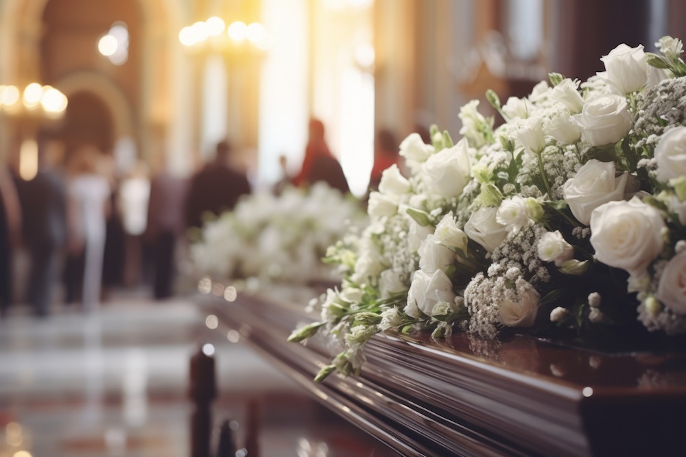Kista dekorerad med vita blommor under begravningsceremonin i en kyrka